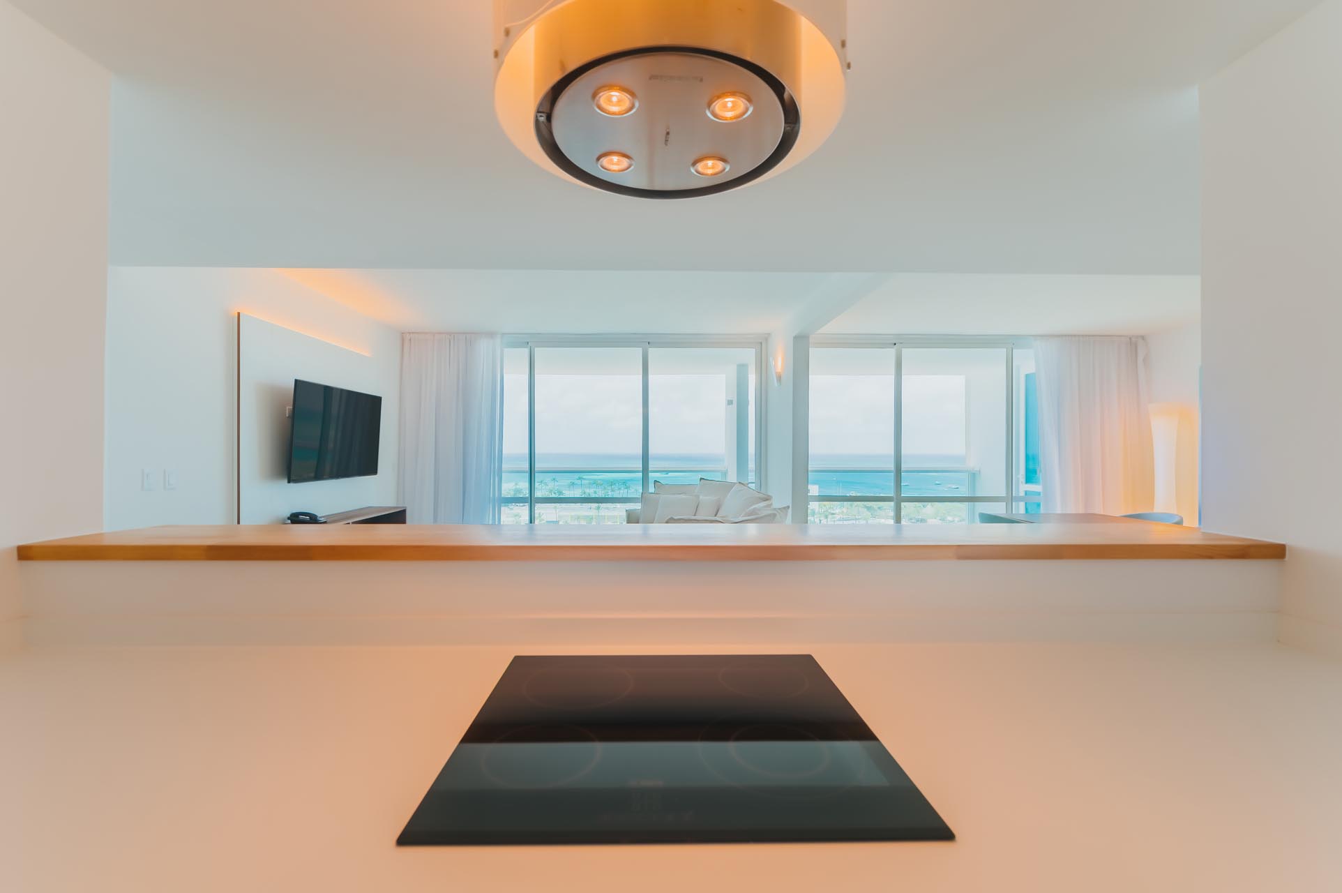 Kitchen counter with overhead lighting